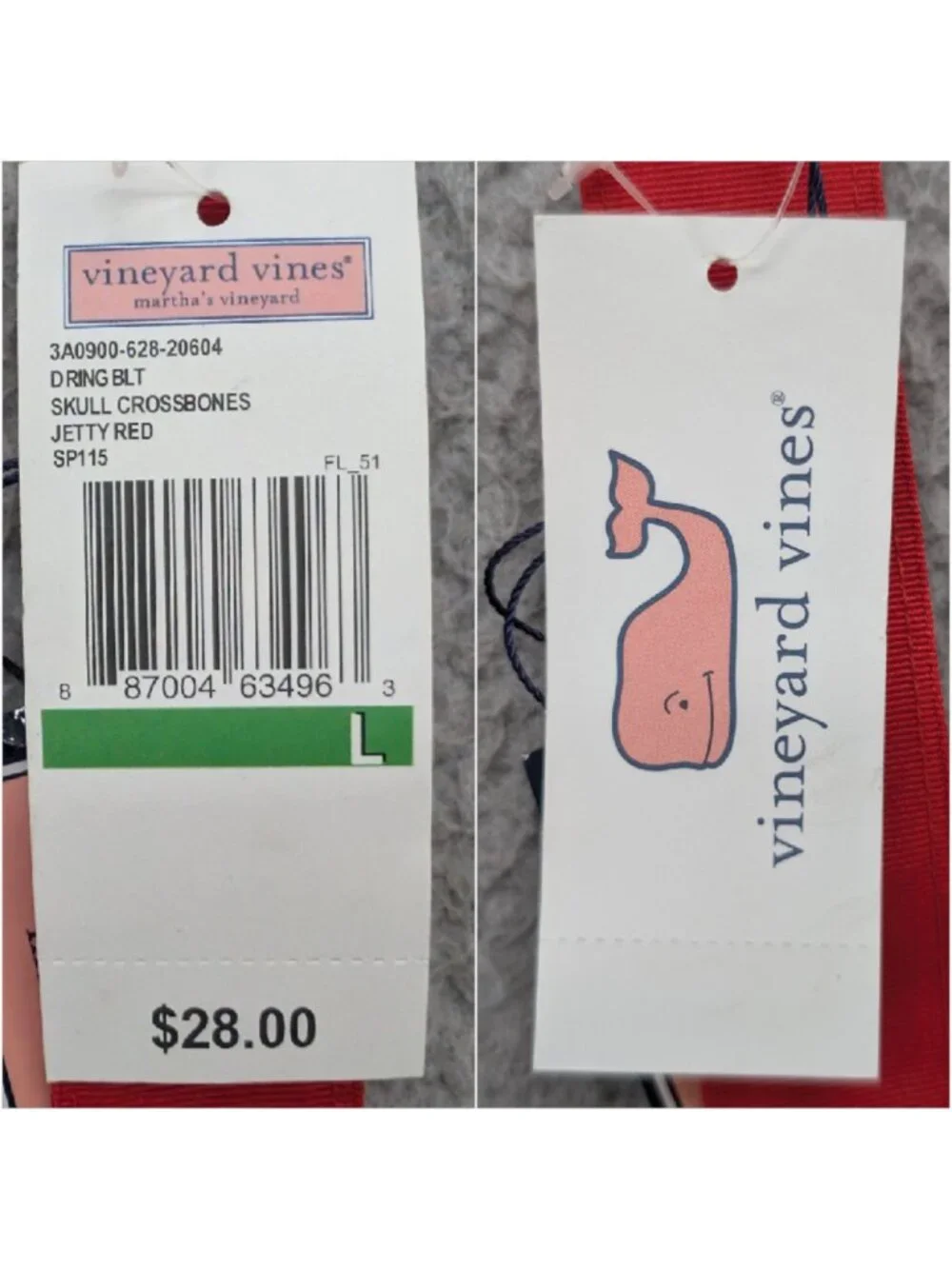 Vineyard Vines Skull Crossbones D Ring Belt Boys Jetty Red Blue Size L